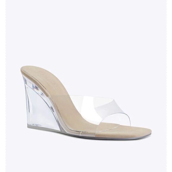 femme Shoes - Femme Los Angeles RiRi wedge glassy nude platforms slides shoes sandals revolve